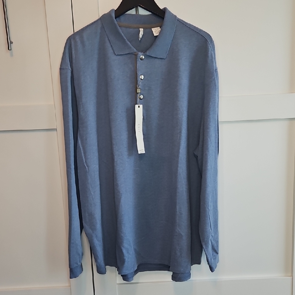 Gray Blue Cotton LS Polo Shirt with Classic Collar